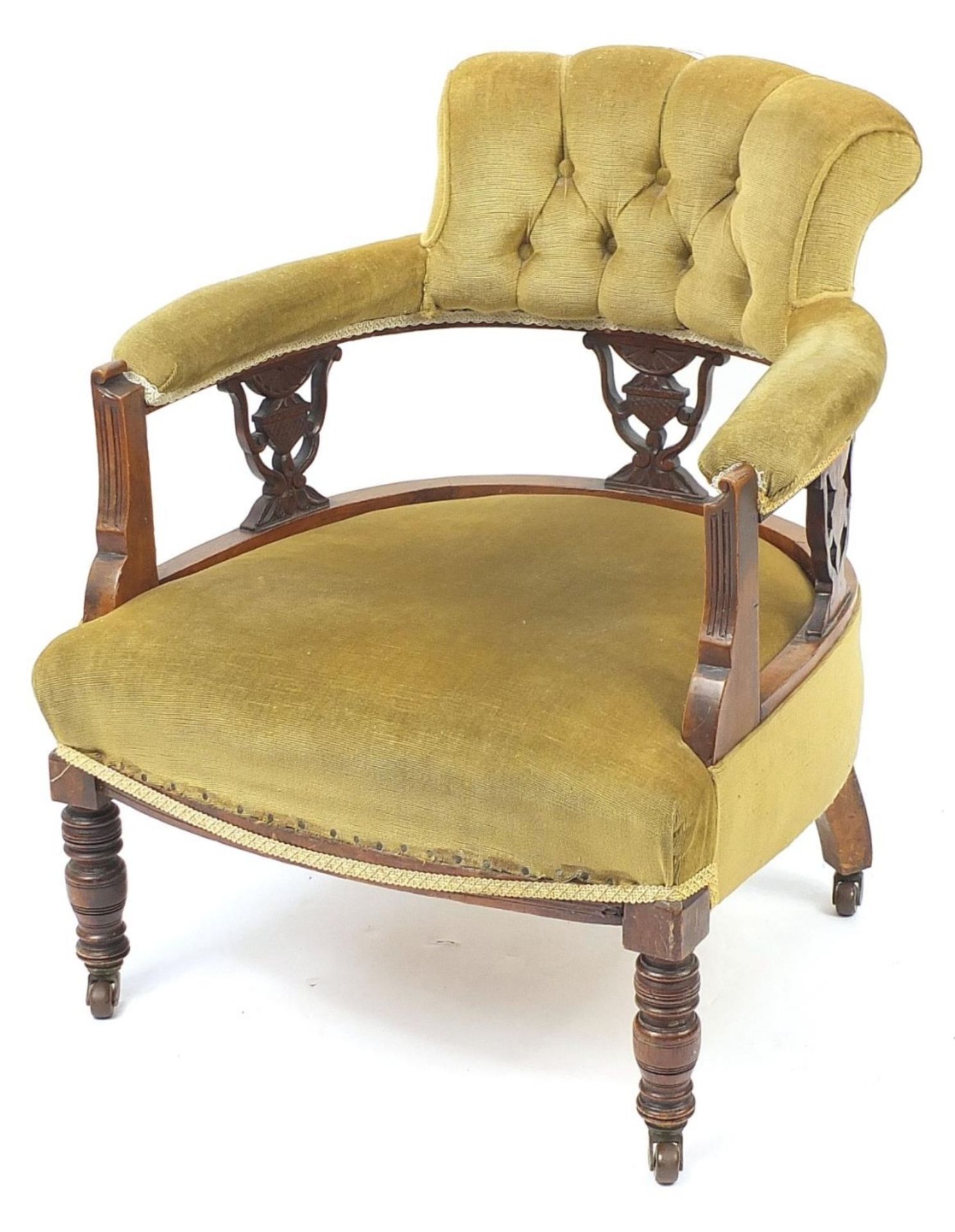 Edwardian carved mahogany bedroom chair with green button back upholstery, 75cm H x 60cm W x 62cm