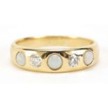 18ct gold opal and diamond five stone ring, the diamonds approximately 3mm in diameter, size O/P,