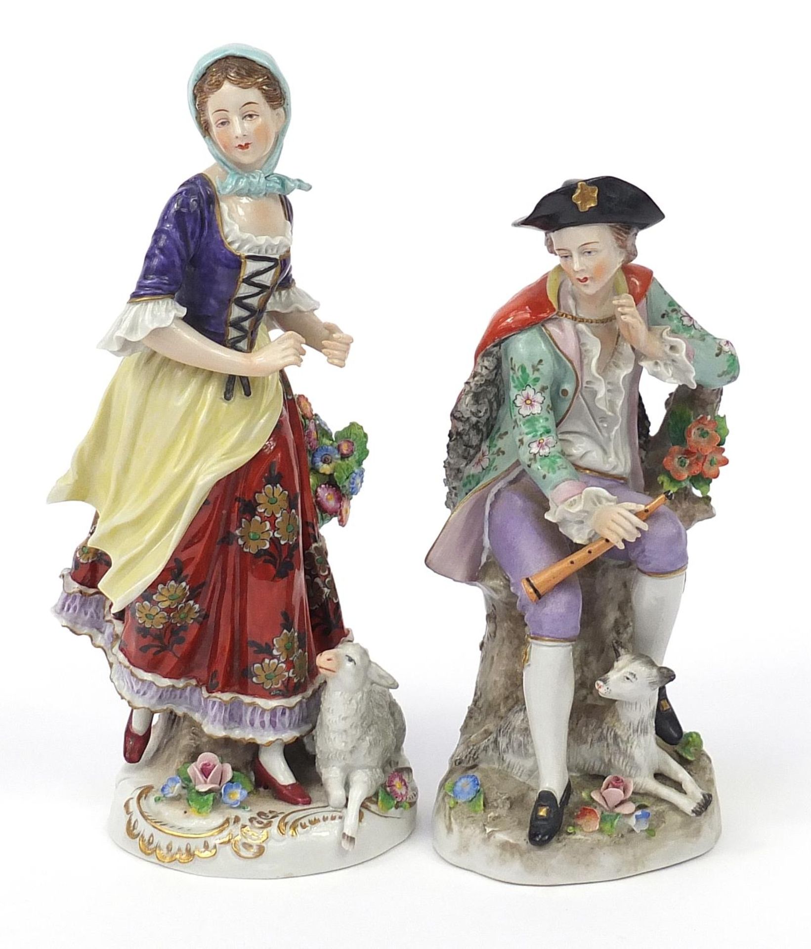 Pair of German porcelain figures with sheep, the largest 24.5cm high :For Further Condition