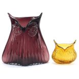 Two novelty art glass owl vases including an amethyst coloured example, 25cm high :For Further