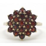 9ct gold garnet three tier cluster ring, size M, 3.6g :For Further Condition Reports Please Visit