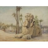 Middle Eastern landscape with a sphinx, watercolour, mounted, framed and glazed, 37.5cm x 27.5cm