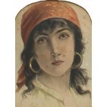 Head and shoulders portrait of a girl wearing a turban, 19th century watercolour, bearing an