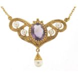 Art Nouveau design 9ct gold amethyst and pearl necklace housed in a velvet and silk lined fitted