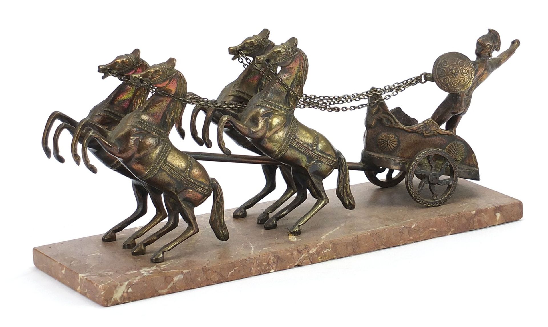 Brass sculpture of a Roman horse drawn chariot raised on a rectangular marble base, 50cm in