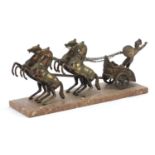 Brass sculpture of a Roman horse drawn chariot raised on a rectangular marble base, 50cm in