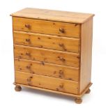 Pine five drawer chest, 89cm H x 82cm W x 38cm D :For Further Condition Reports Please Visit Our