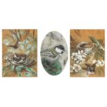 Birds amongst flowers, three watercolours comprising a pair and an oval example signed Bailey,