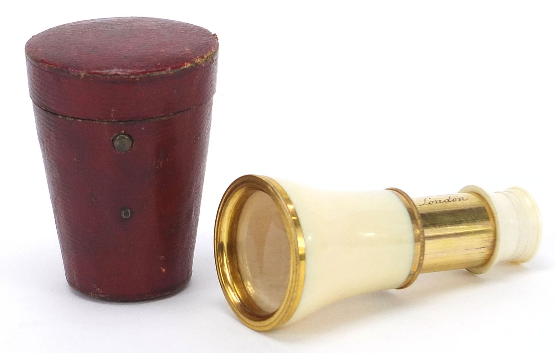 Dolland of London, early 19th century ivory and brass monocular with silk lined leather case, 6.