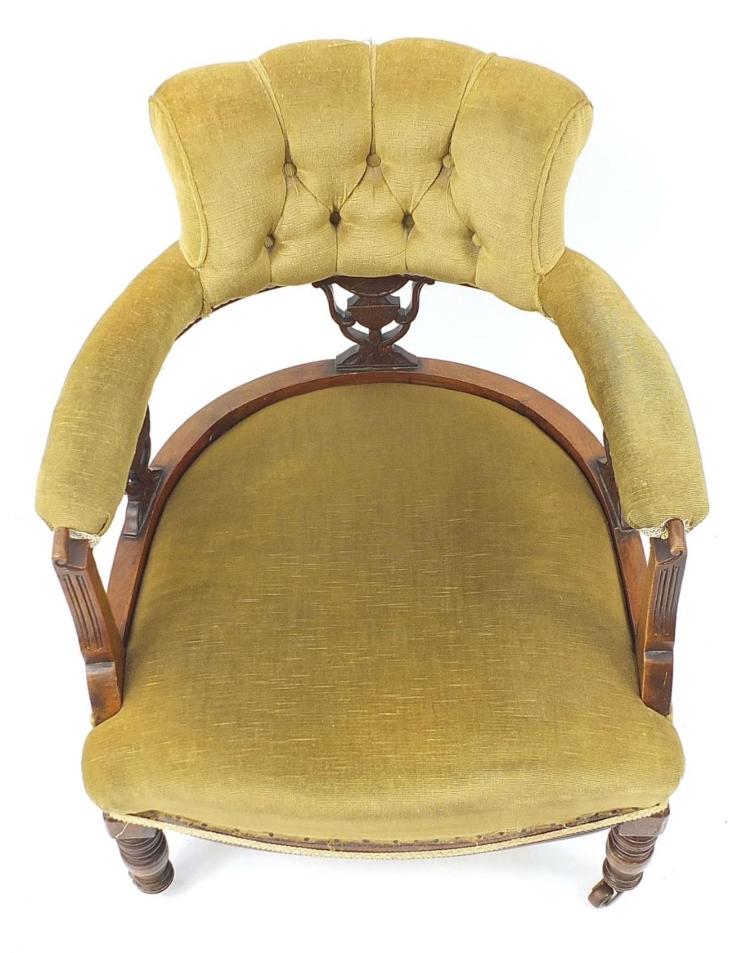 Edwardian carved mahogany bedroom chair with green button back upholstery, 75cm H x 60cm W x 62cm - Image 3 of 4