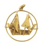 Unmarked gold sailing vessel pendant, 2.5cm in diameter, 2.7g :For Further Condition Reports