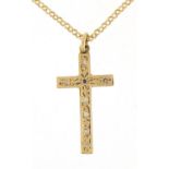 9ct gold diamond cross pendant on 9ct gold Belcher link necklace, 3cm high and 44cm in length, 4.