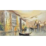 Venice with gondolas, mixed media, mounted, framed and glazed, 25cm x 14cm excluding the mount and