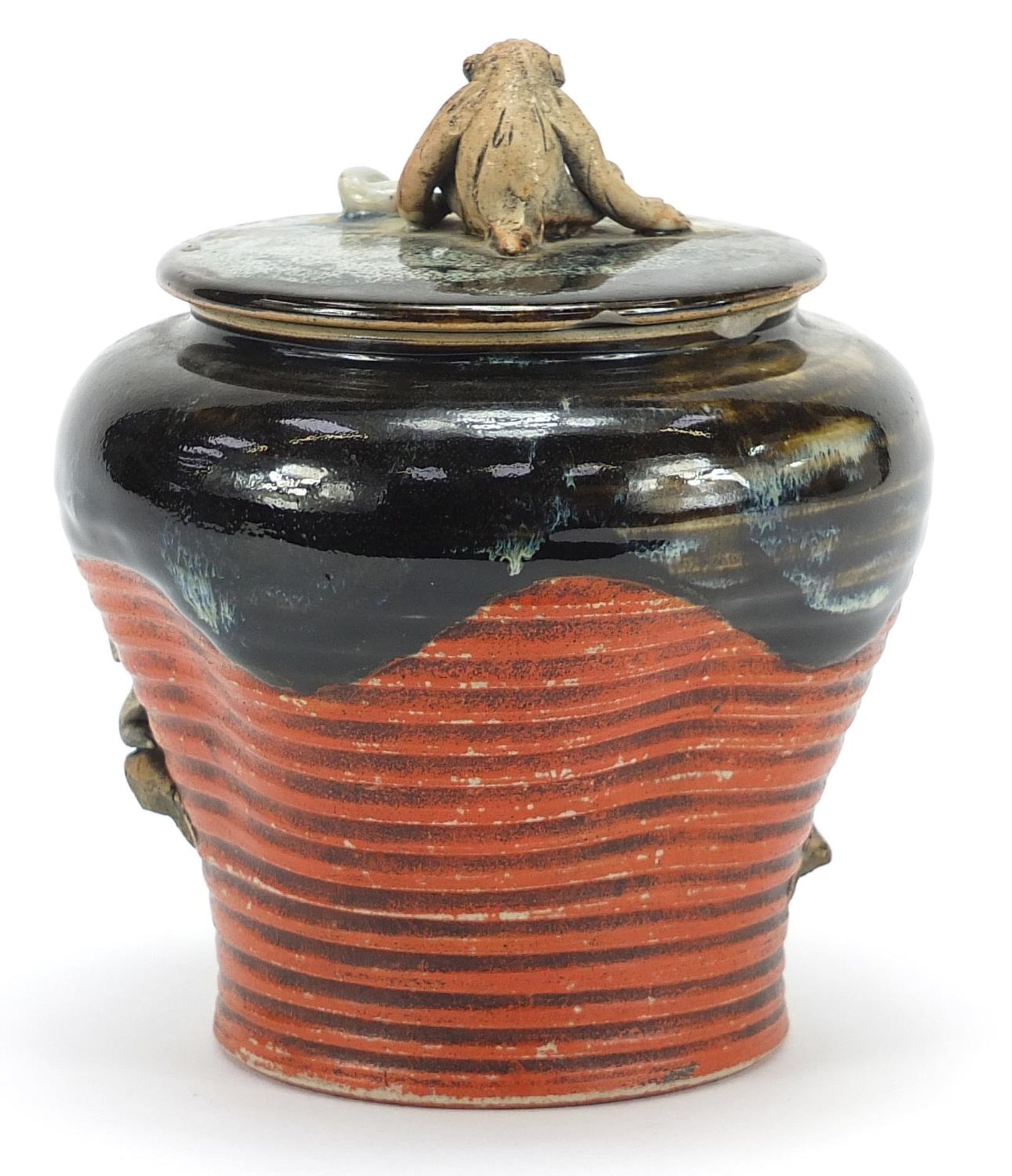 Japanese Sumida Gawa pottery jar and cover with monkey knop, incised character marks to the base, - Image 4 of 8