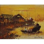 Chinese junks beside buildings, impasto oil, mounted and framed, 24.5cm x 19cm excluding the mount