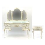 French style cream and gilt dressing table with stool and triple aspect folding mirror, 145.5cm H