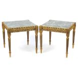Pair of French style gilt wood side tables with faux marble tops, 45.5cm H x 46.5cm W x 46.5cm D :