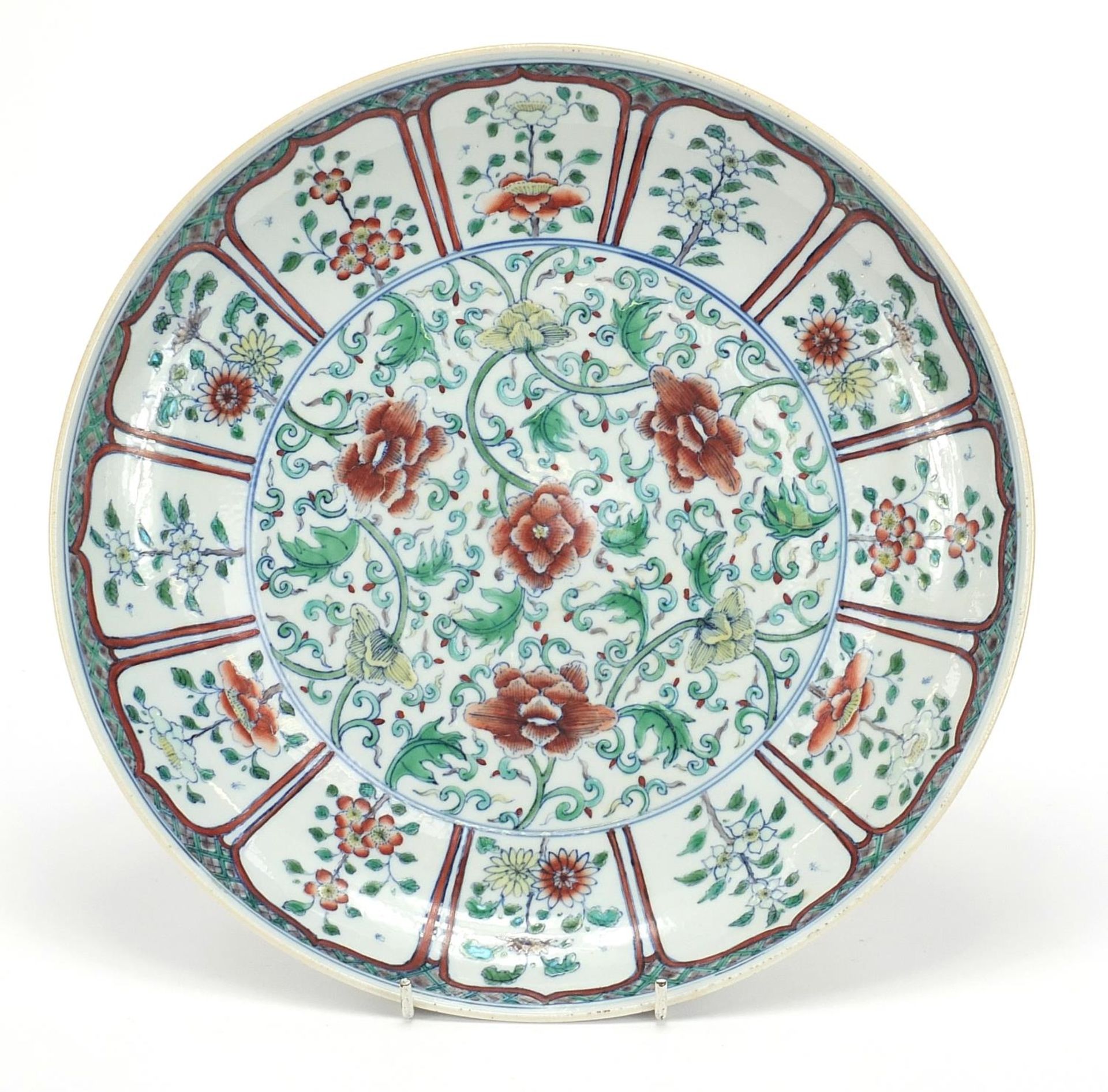 Chinese doucai porcelain plate finely hand painted with flowers amongst scrolling foliage, six