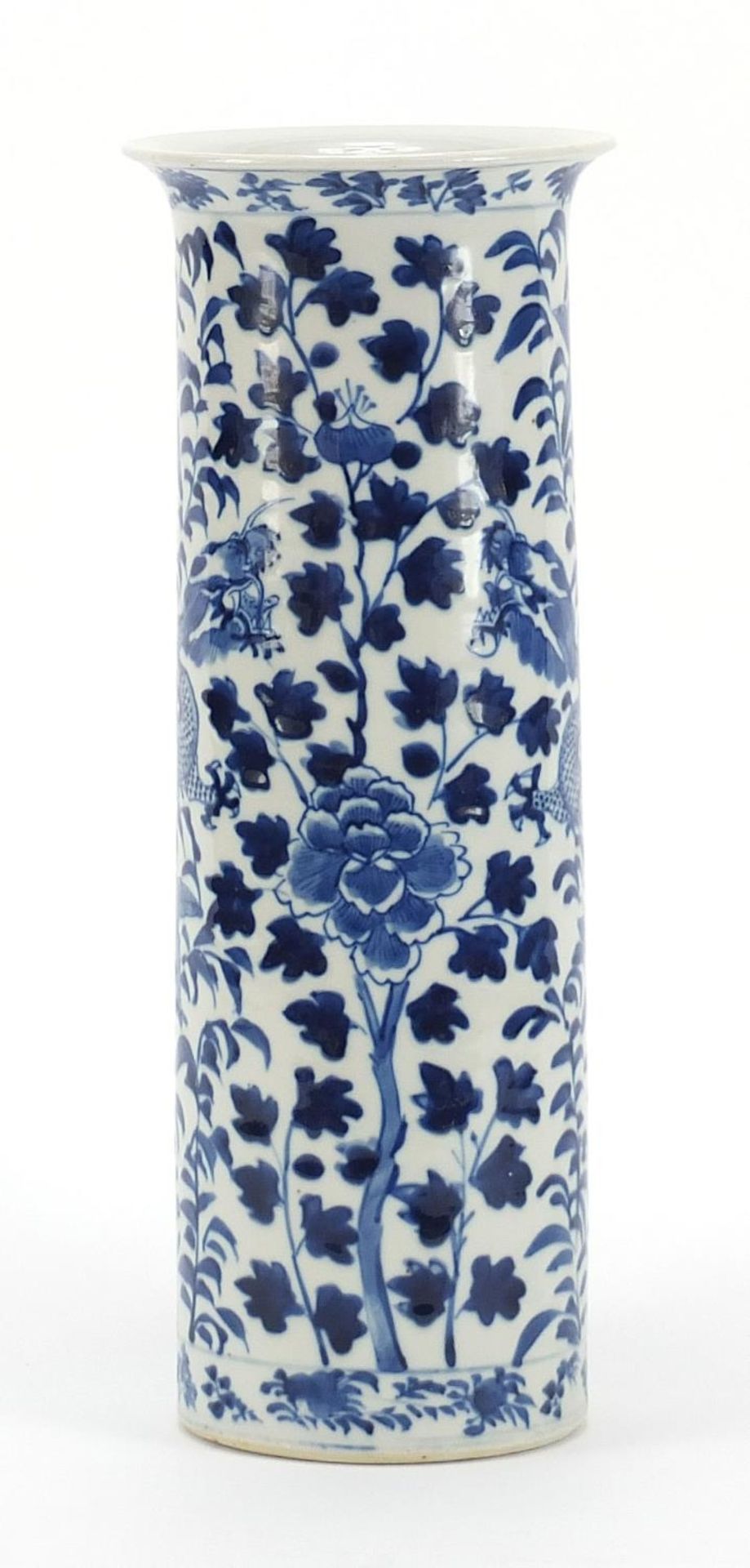 Large Chinese blue and white porcelain cylindrical vase hand painted with two dragons amongst