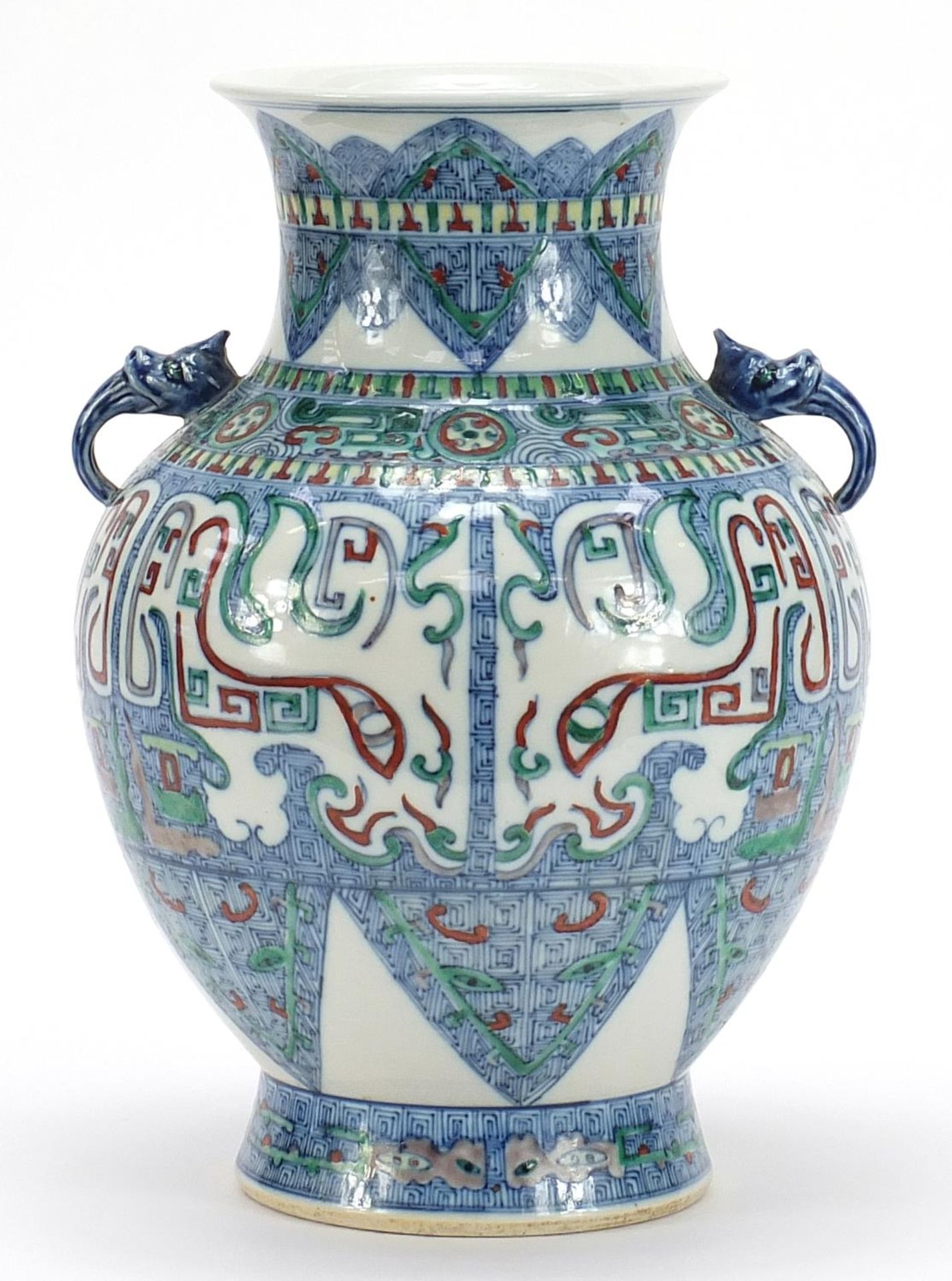 Chinese doucai porcelain vase with handles, hand painted with mythical faces and heads, six figure