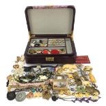 Antique and later costume jewellery and objects arranged in a jewellery box including rings, Chinese