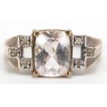 Silver gilt pink stone and diamond ring, possibly Mali garnet, size O, 2.9g :For Further Condition