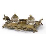 19th century ornate brass desk stand with two glass inkwells, 32cm wide :For Further Condition