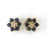 Pair of 9ct gold sapphire and diamond flower head stud earrings, 8.5mm in diameter, 1.4g :For