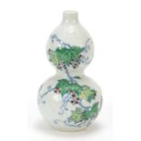Chinese porcelain doucai double gourd vase hand painted with berry trees, six figure character marks