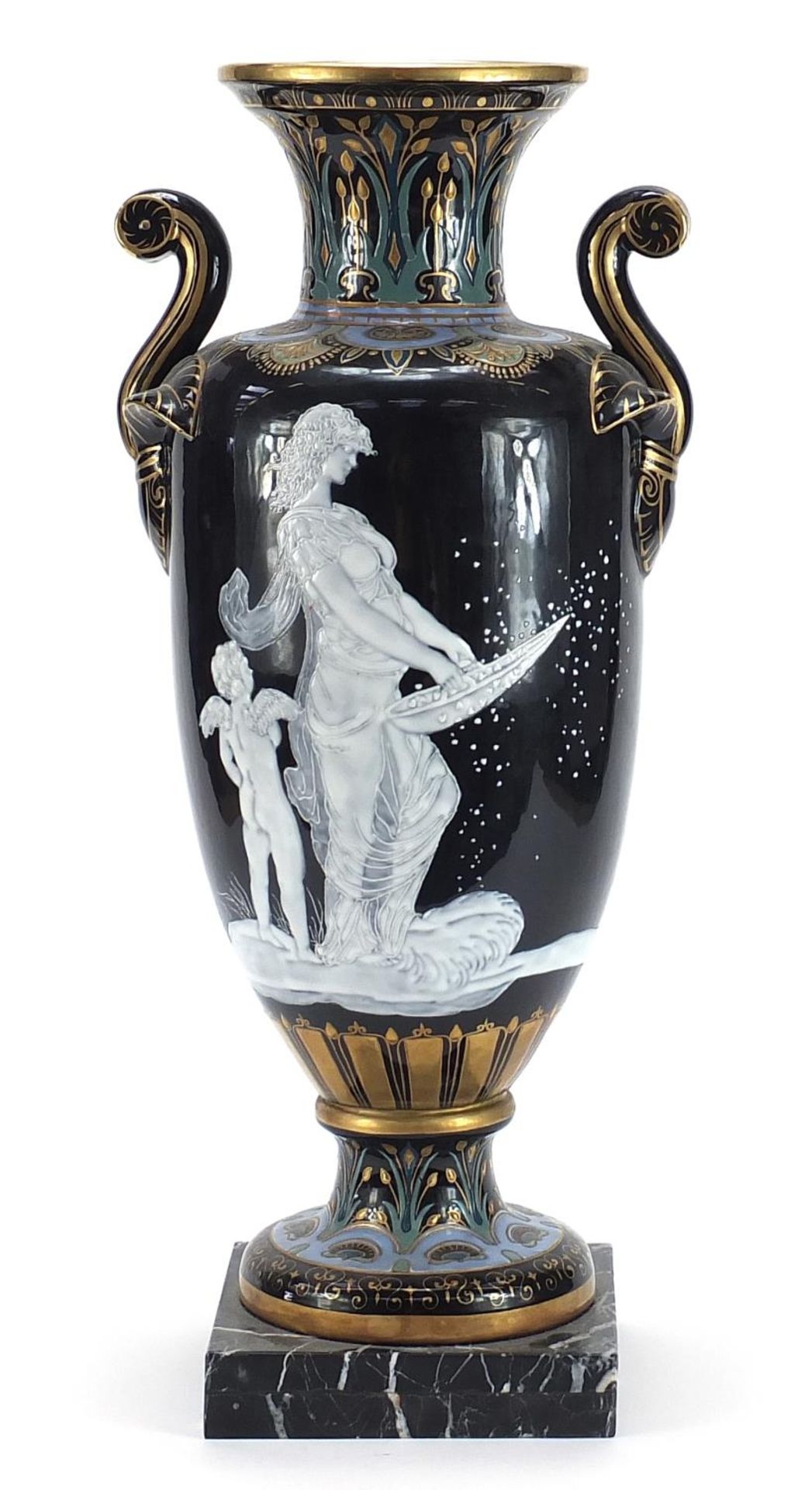 Large Minton style pate sur pate style porcelain vase with twin handles enamelled with maidens and