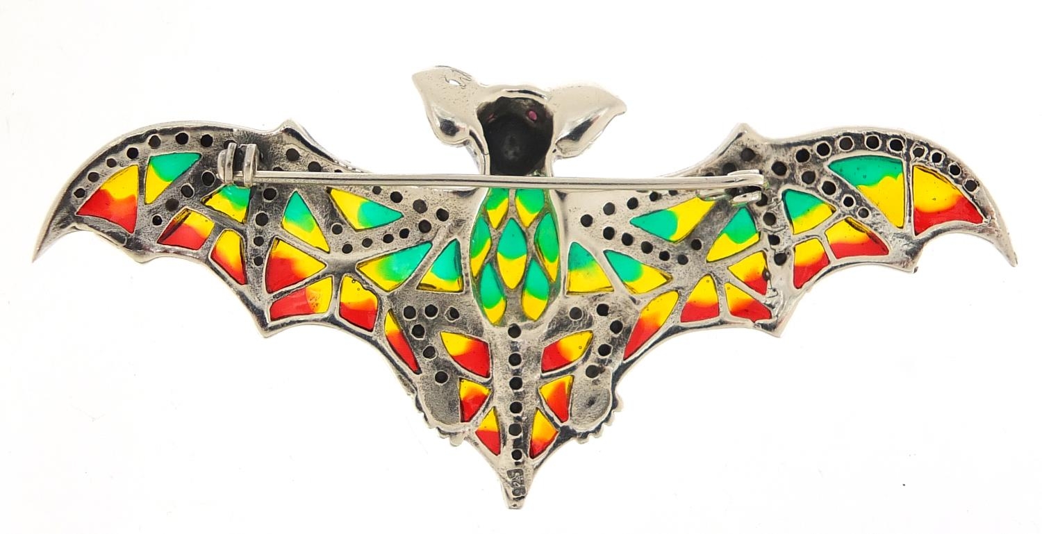 Silver, marcasite and plique à jour enamel bat brooch with ruby eyes, 8cm wide, 12.5g :For Further - Image 2 of 3