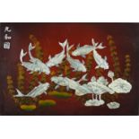 Goldfish amongst aquatic life, Chinese lacquered panel with mother of pearl inlay, 60cm x 40cm :