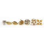 Group of gold stud earrings including Chinese, solitaire diamond and pearls, the largest 9mm in