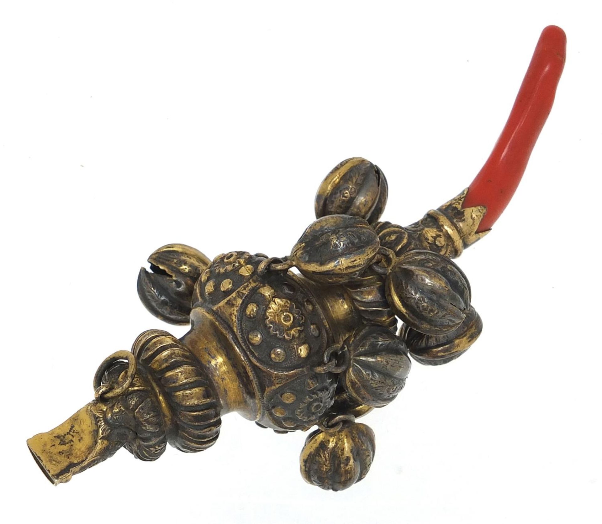 Victorian silver gilt babies' rattle whistle with coral teether, Sheffield 1865, 12.5cm in length, - Image 2 of 3