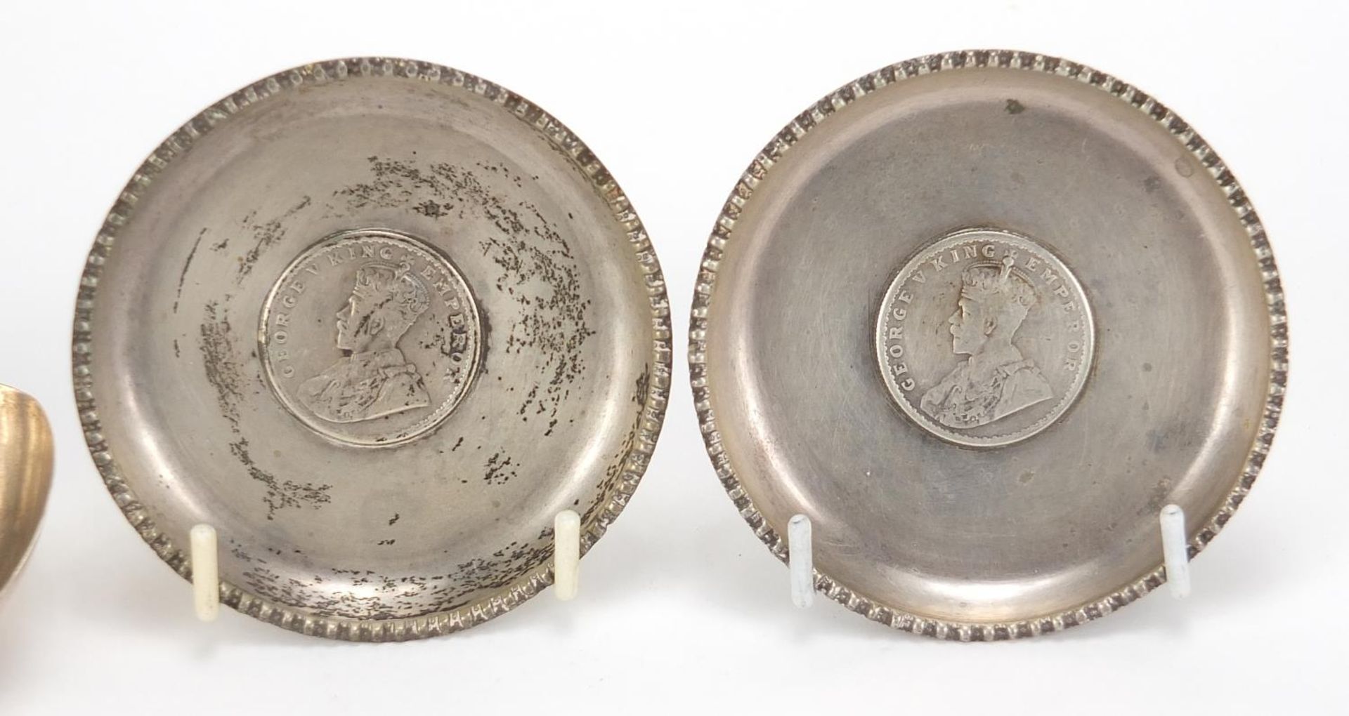 Three Indian silver one rupee coin set dishes comprising 1901, 1917 and 1917, the largest 8.5cm in - Image 3 of 5