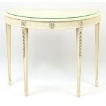 French style white painted demi lune hall table with glass top, 77cm H x 91cm W x 38cm D :For