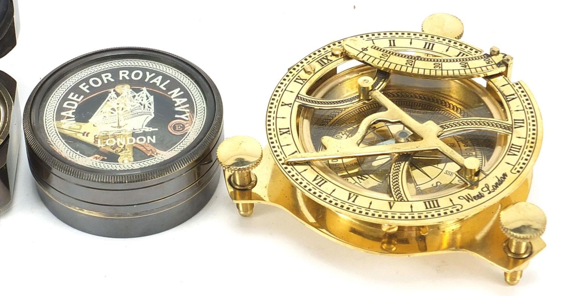 Five marine interest instruments including sextant and compasses, the largest 11cm wide :For Further - Image 3 of 7