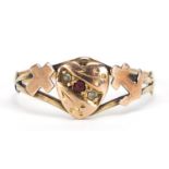 Victorian 9ct gold faith, hope and charity ring set with a garnet and seed pearls, hallmarked