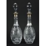 Pair of Mappin & Webb cut crystal decanters with silver collars and boxes, hallmarked London 1981,