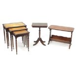 Occasional furniture including three mahogany occasional table with tooled leather inserts on fluted