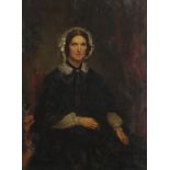 Three quarter length portrait of a seated lady wearing a black dress, Victorian oil on canvas laid
