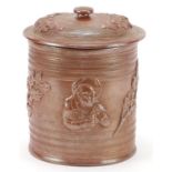 Large 19th century salt glazed tobacco jar and cover, 25cm high :For Further Condition Reports
