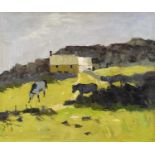 Cows before a cottage and hills, Welsh school oil on board, framed, 59.5cm x 49.5cm excluding the