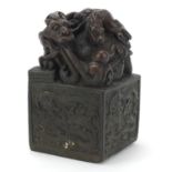 Large Chinese patinated bronze dragon and tortoise design seal, character marks to the base, 13.
