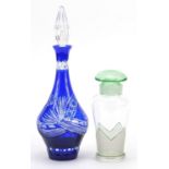 Art Deco glass cocktail shaker and Bohemian blue flashed decanter, the largest 40cm high :For