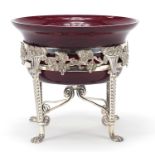 Victorian silver plated stand with paw feet and red glass bowl, 16cm high x 18cm in diameter :For