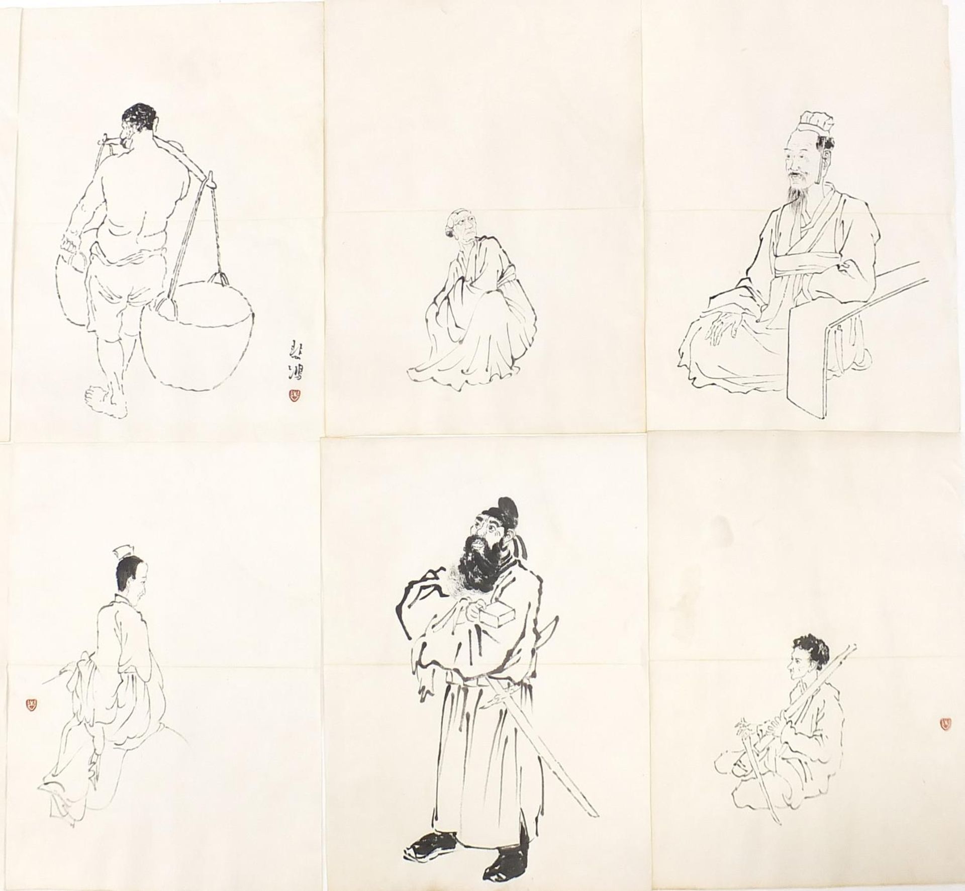 Attributed to Xu Beihong - Figural studies, collection of thirty two Chinese ink drawings, each 42. - Image 7 of 11