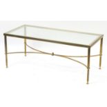 1970's glass topped brass coffee table with reeded legs, 41cm H x 102.5cm W x 46.5cm D :For