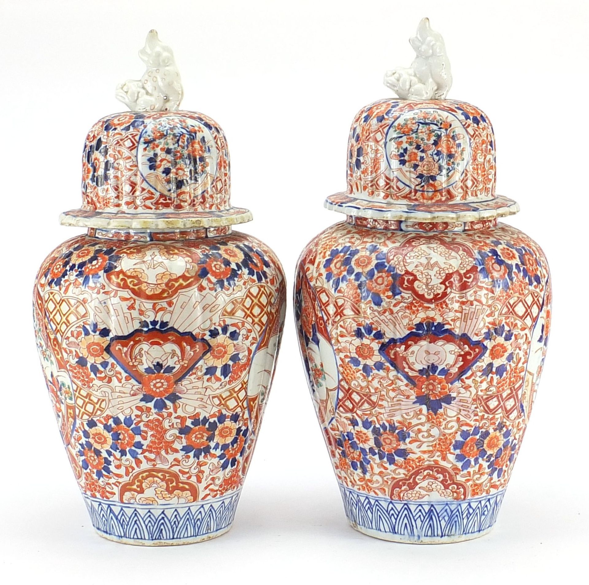 Large pair of Japanese Imari lidded porcelain vases, each profusely hand painted with flowers, - Image 3 of 9
