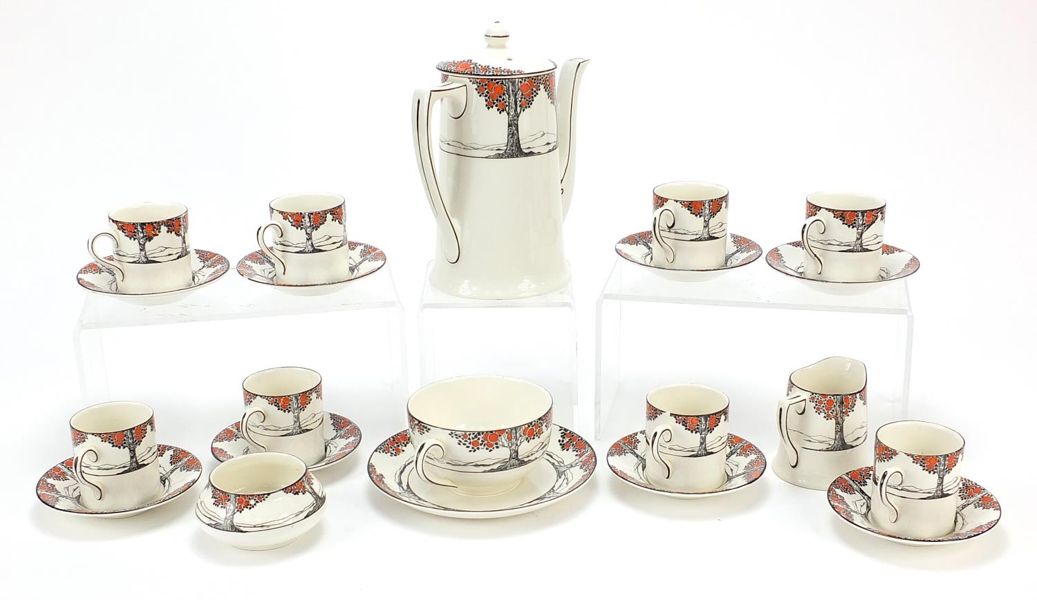 Crown Ducal, Art Deco Tall Trees eight place coffee service and a teacup with saucer, the coffee pot - Image 4 of 5